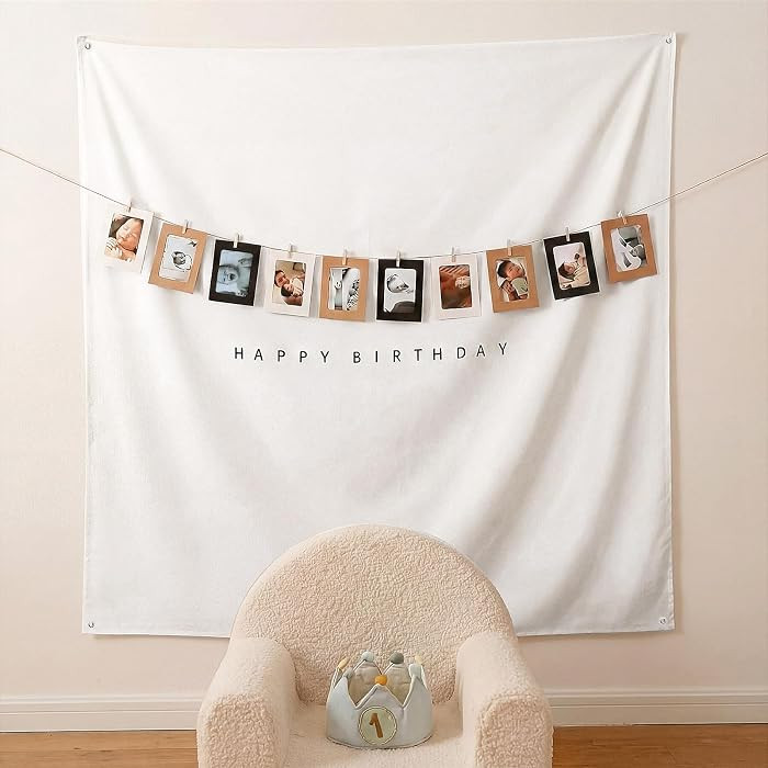 59x59 Inch Happy Birthday Backdrop Tapestry Minimalist Happy Birthday Banner White Fabric Banner ... | Amazon (US)