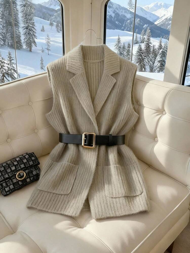 GlowEve Elegant Casual V-Neck Pocket Knitted Cardigan Vest For Women | SHEIN