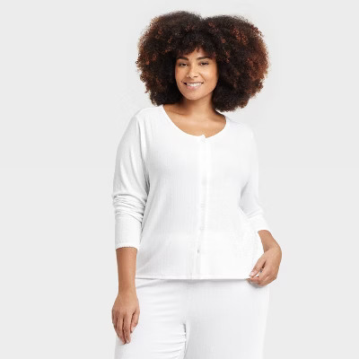 Women's Pointelle Pajama Cardigan - Auden™ White 1X: Midweight Long Sleeve, Button Down, Plus Size | Target