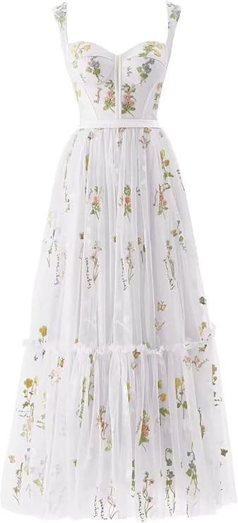 Maxianever Flower Embroidery Tulle Prom Dresses for Women Tea Length Corset A Line Formal Evening... | Amazon (US)