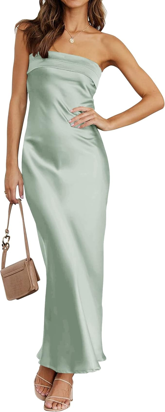 ZESICA Women's 2024 Summer Satin Strapless Dress Sexy Backless Bodycon Wedding Cocktail Party Max... | Amazon (US)