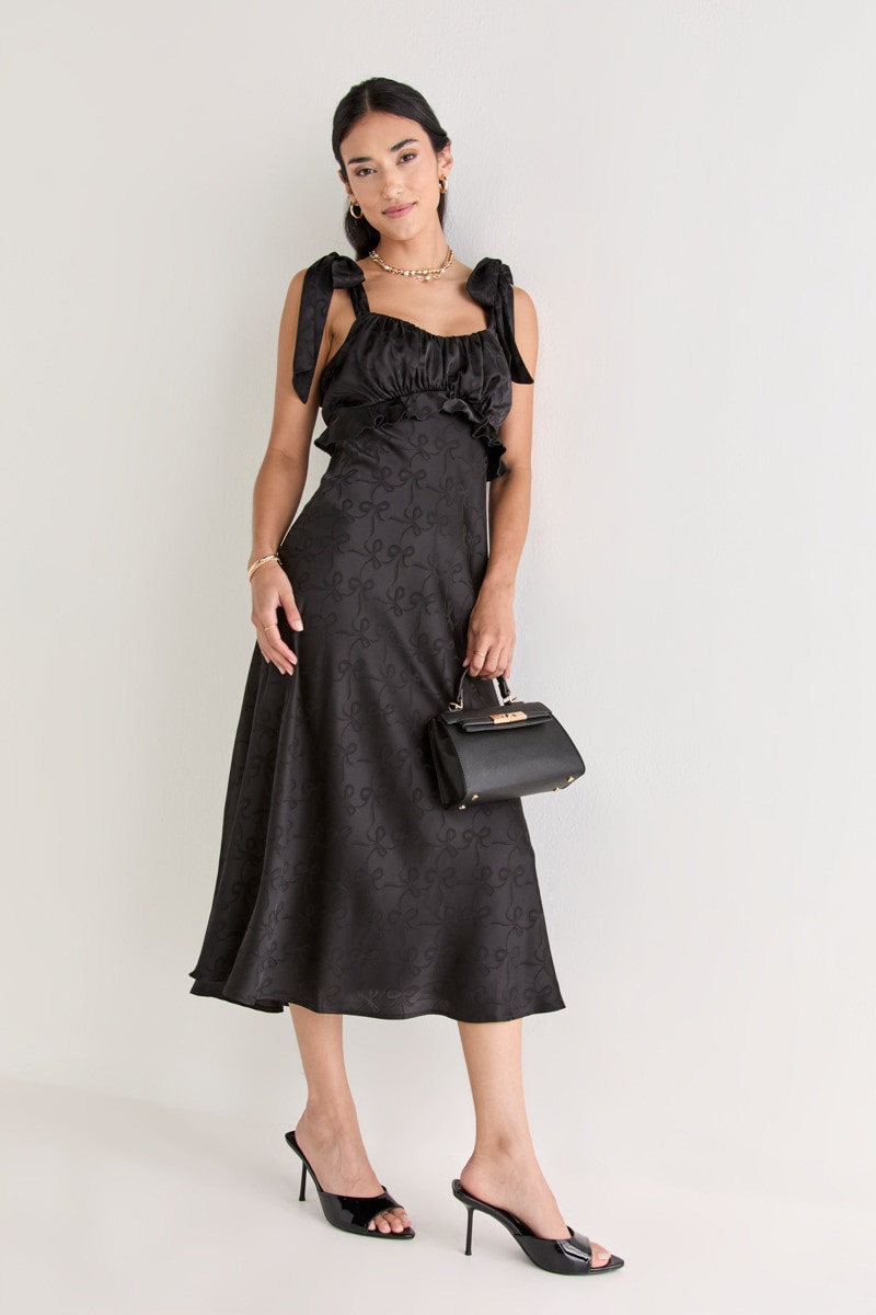Rita Ruched Bow Jacquard Midi Dress | Francesca's