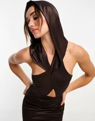 ASOS DESIGN wrap-over hood midi dress in chocolate | ASOS (Global)
