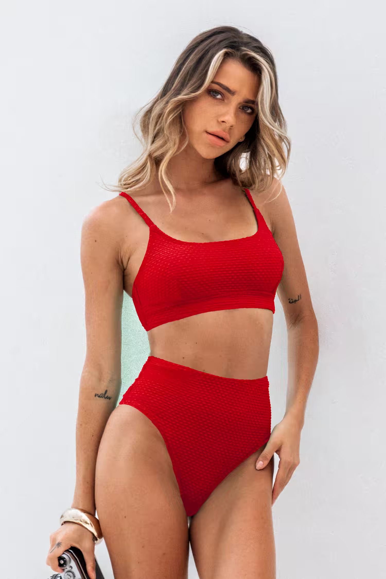 Scarlet Red Textured Bikini Bralette & Mid-Rise Bottoms Set | Cupshe US
