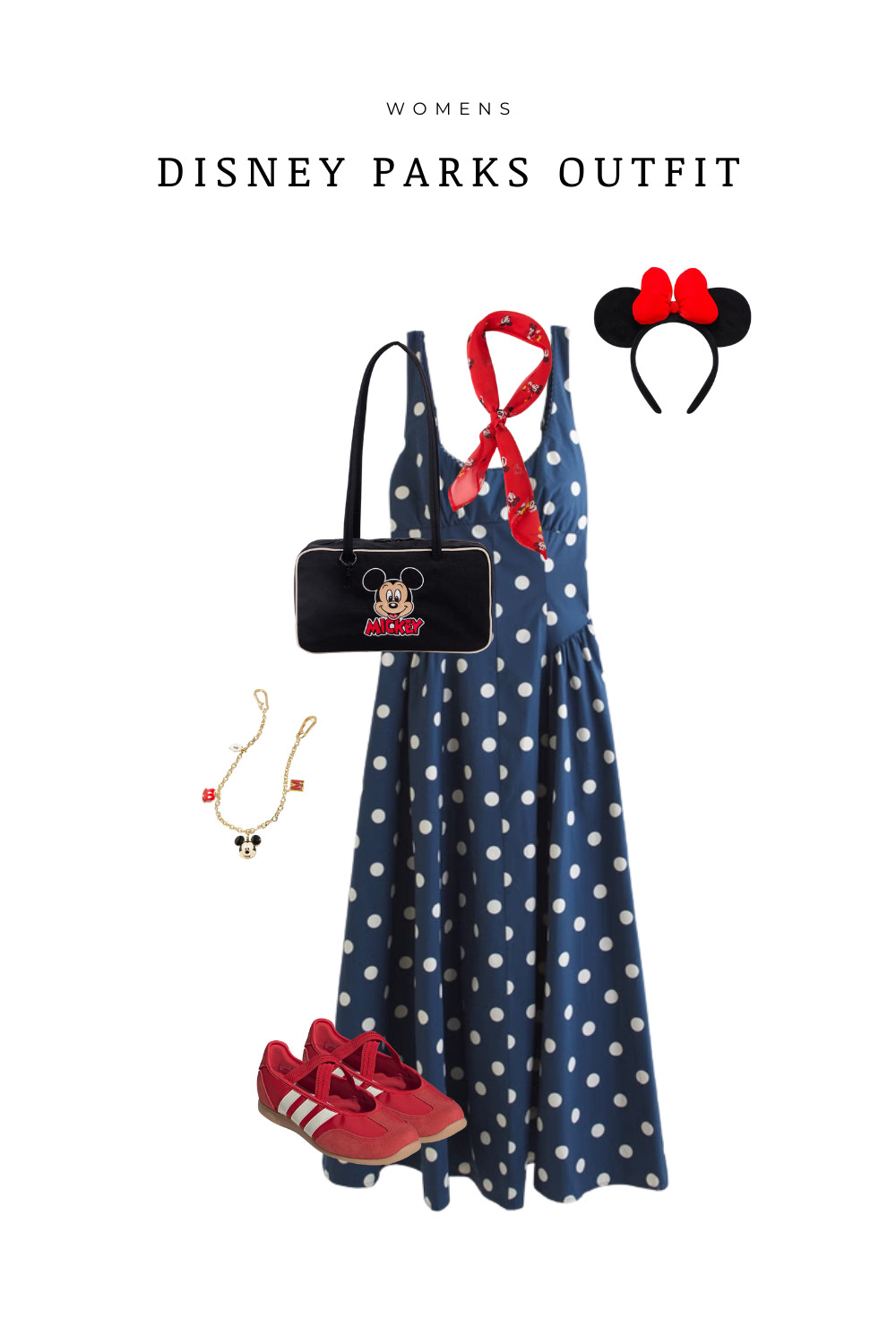  Disney Parks outfit idea featuring the new BAGGU Disney collection. This blue polka dot midi dress is perfect for a classic Minnie inspired look at Disneyland or Walt Disney World. Styled with a red neck scarf, Minnie ears, red Adidas sneakers and the cutest Mickey BAGGU shoulder bag for a comfortable and practical park day outfit.

 

#LTKootd #LTKTravel #LTKspringtrends