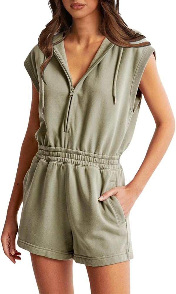 Womens Hooded Romper Half Zipper Hoodie One Piece Utility Cap Sleeve Athletic Short Jumpsuit with... | Amazon (US)