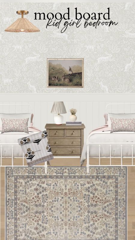 Shared kid girl sister bedroom mood board ideas with bunny wallpaper, floral rifle paper co rug, floral Etsy pillow, vintage Etsy art download and rattan semi flush light 

#LTKstyletip #LTKhome #LTKkids