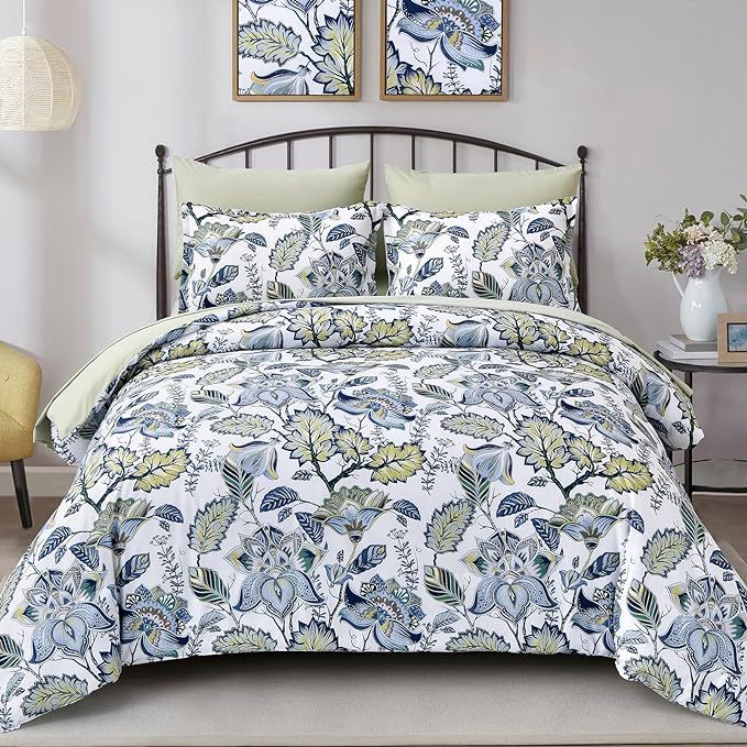 Dinjoy Floral Comforter Set Queen Size 7 Pieces Bed in A Bag Blue Green Botanical Leaves Branch B... | Amazon (US)