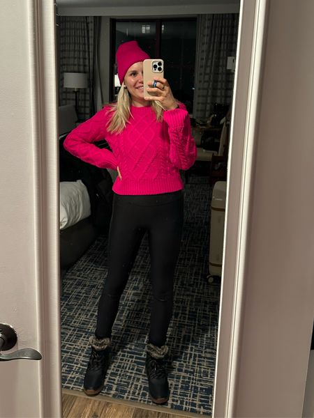 South Lake Tahoe dinner outfit - pink cable knit sweater, pink silk lined beanie, soanx leather leggings and Columbia snow boots  

#LTKstyletip #LTKtravel #LTKshoecrush