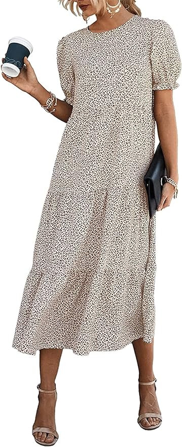 PRETTYGARDEN Summer Dresses for Women 2025 Casual Floral Boho Midi Sun Dress Puff Short Sleeve Fl... | Amazon (US)