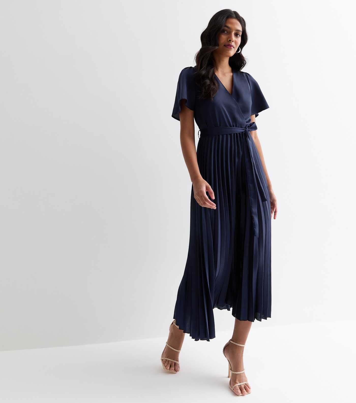 Navy Satin Wrap Front Pleated Midi Dress | New Look | New Look (UK)