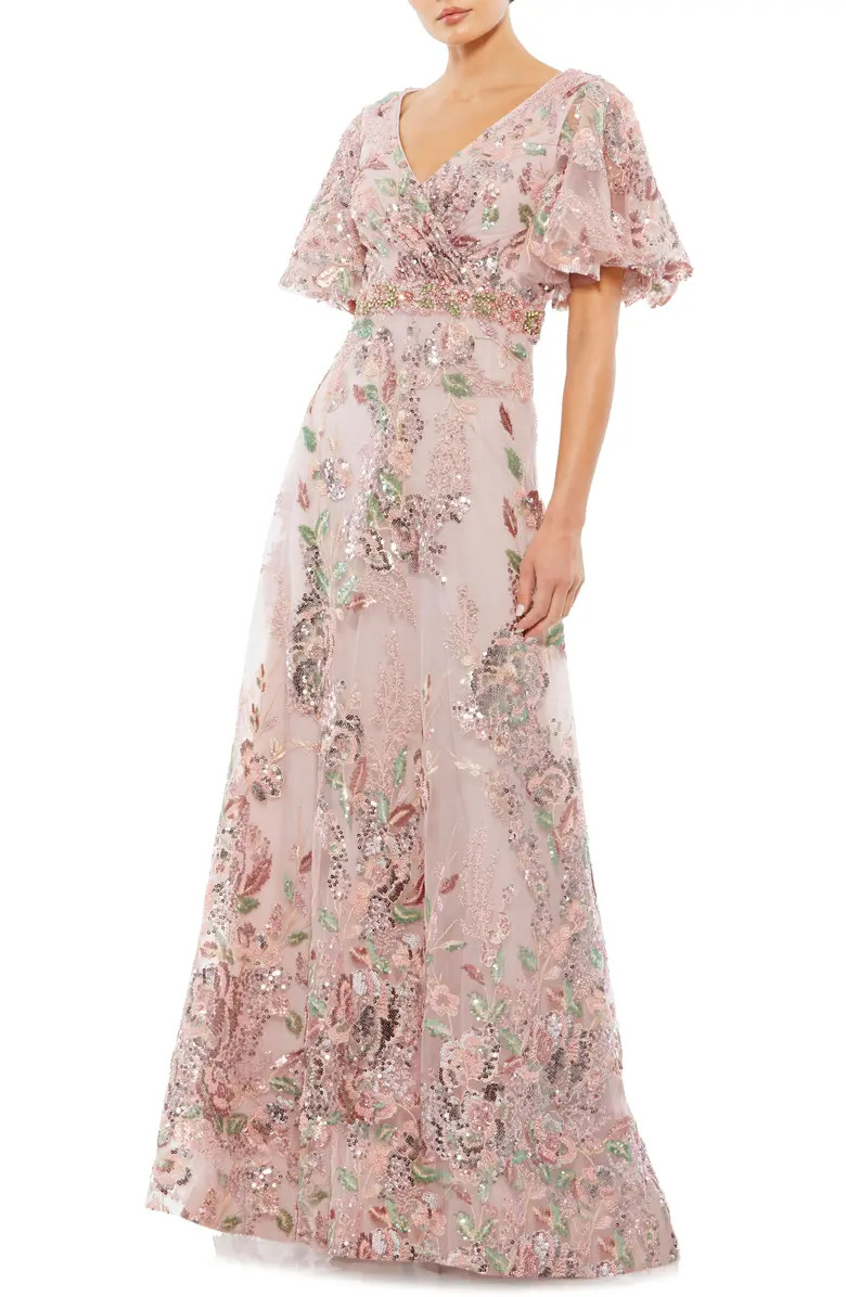 Sequin Floral Butterfly Sleeve A-Line Gown | Nordstrom