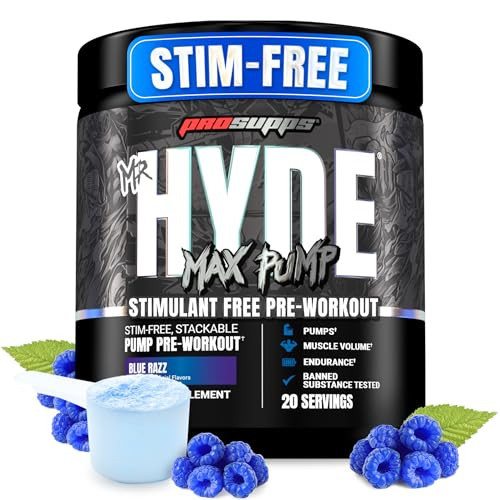 ProSupps Mr. Hyde Max Pump Pre Workout Powder - Stim-Free Preworkout Supports Blood Flow, Muscle Volume & Endurance - Caffeine-Free Nitric Oxide Gym & Fitness Supplements (Blue Razz, 20 Servings) | Amazon (US)
