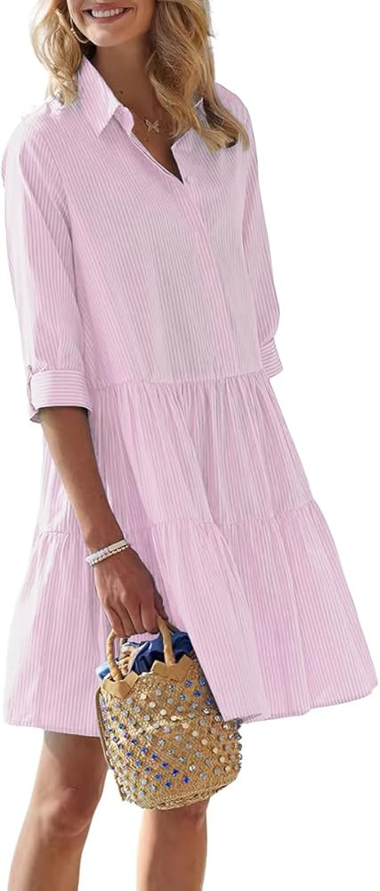 chouyatou Women's Striped Button Down Shirt Dress Loose Casual Cuffed Sleeve Tiered Mini Tunic Dr... | Amazon (US)