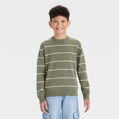 Boys' Striped Pullover Sweater - Cat & Jack™ Olive Green/Cream | Target