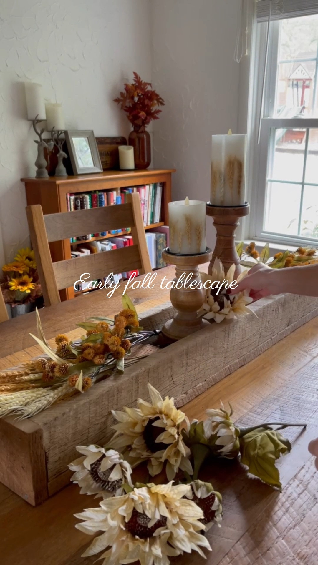 Early fall tablescape for dining room table with white sunflowers, wheat stems and brown floral stems

#LTKHome #LTKSaleAlert #LTKstorytime