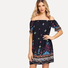 Tribal Print Ruffle Cuff Bardot Tunic Dress | SHEIN