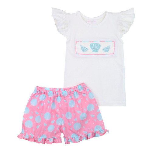 Pink And Blue Smocked Sea Shell Short Set | Cecil and Lou
