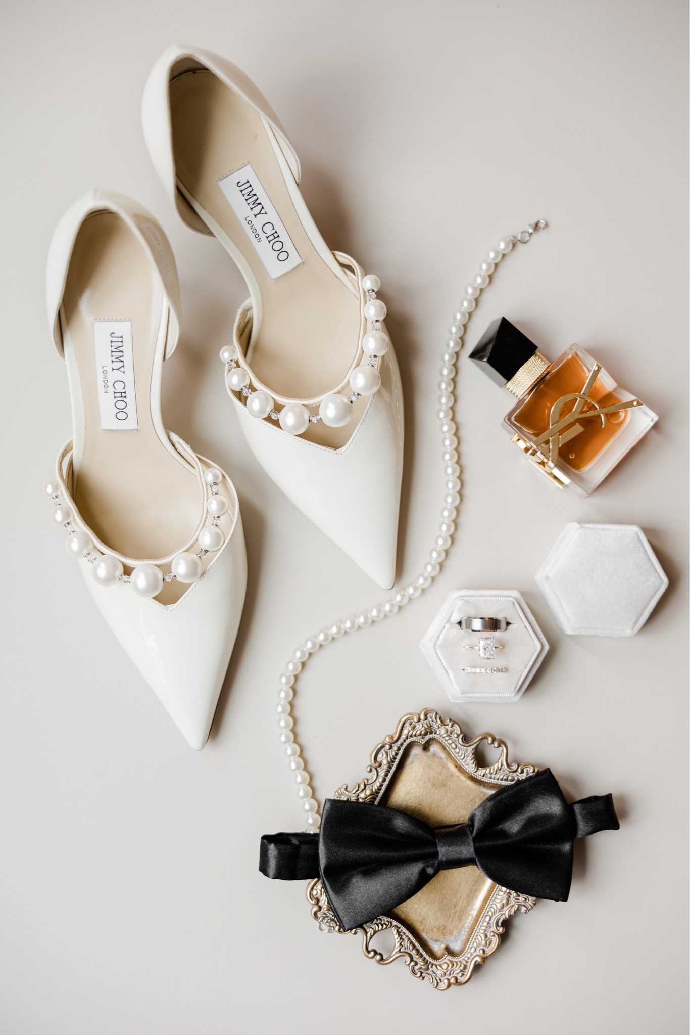 Wedding details flat lay 
Jimmy choo shoes, ysl libre, Amazon, wedding, brideal