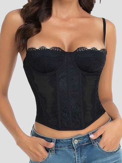 1pc Cute Corset Tops For Women Going Out Lace Mesh Date Night Top Spaghetti Strap Party Club Top | SHEIN