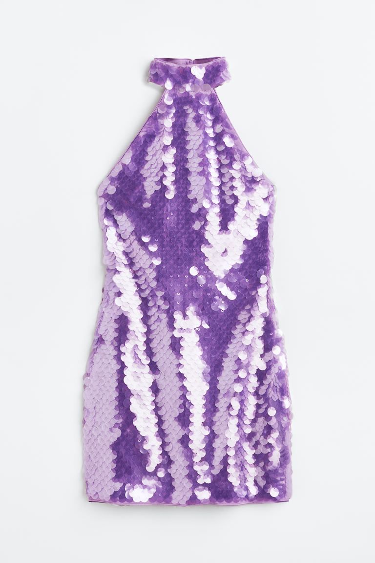 Halterneck Sequined Mini Dress - Amethyst purple - Ladies | H&M US | H&M (US + CA)