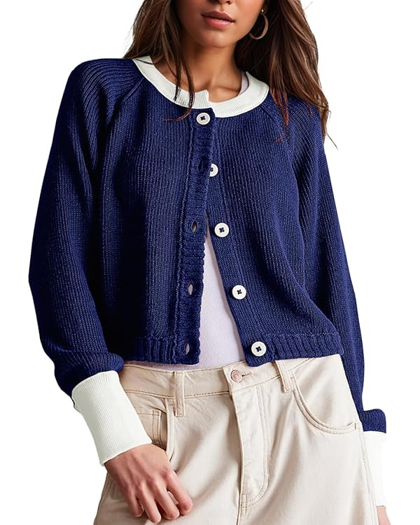Women's Cropped Cardigan Sweaters Fall Long Sleeve Open Front Cardigans Button Down Color Block C... | Amazon (US)
