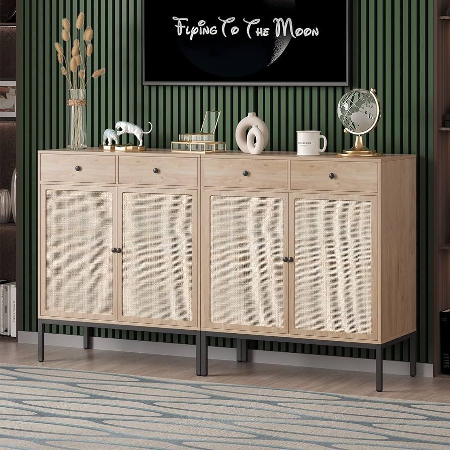 Yechen Set of 2 Sideboard Storage Cabinet with Handmade Natural Rattan Woven Doors and Drawers, R... | Amazon (US)