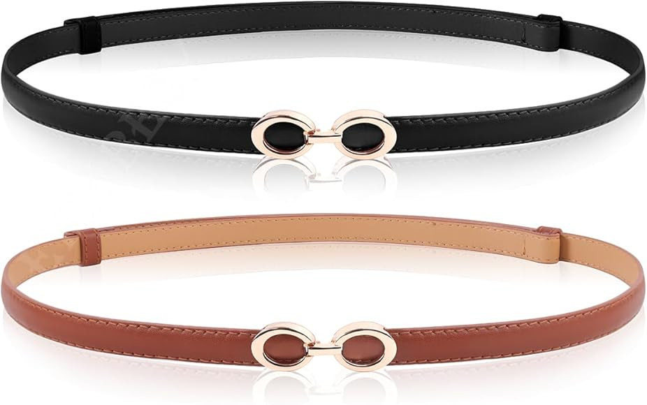 EIOKBECY 2 Pack Women's Skinny Leather Belt, Ladies Adjustable Thin Waist Belts with Gold Buckle ... | Amazon (UK)