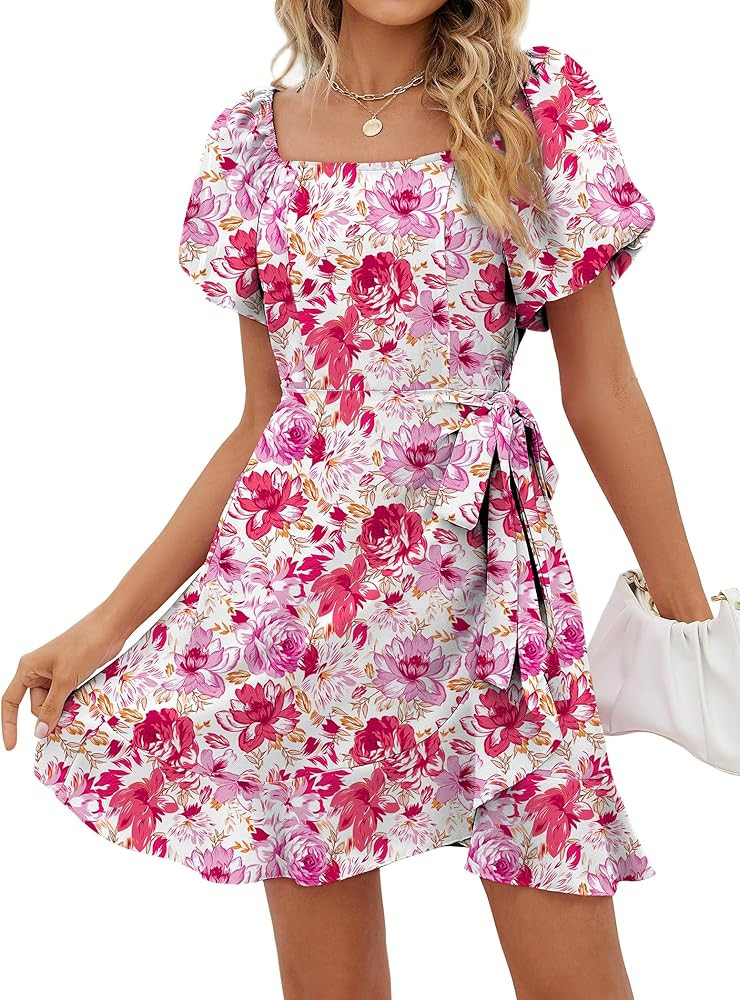 Sampeel Womens Summer Dresses Square Neck Puff Sleeve Tie Waist Short Dress | Amazon (US)