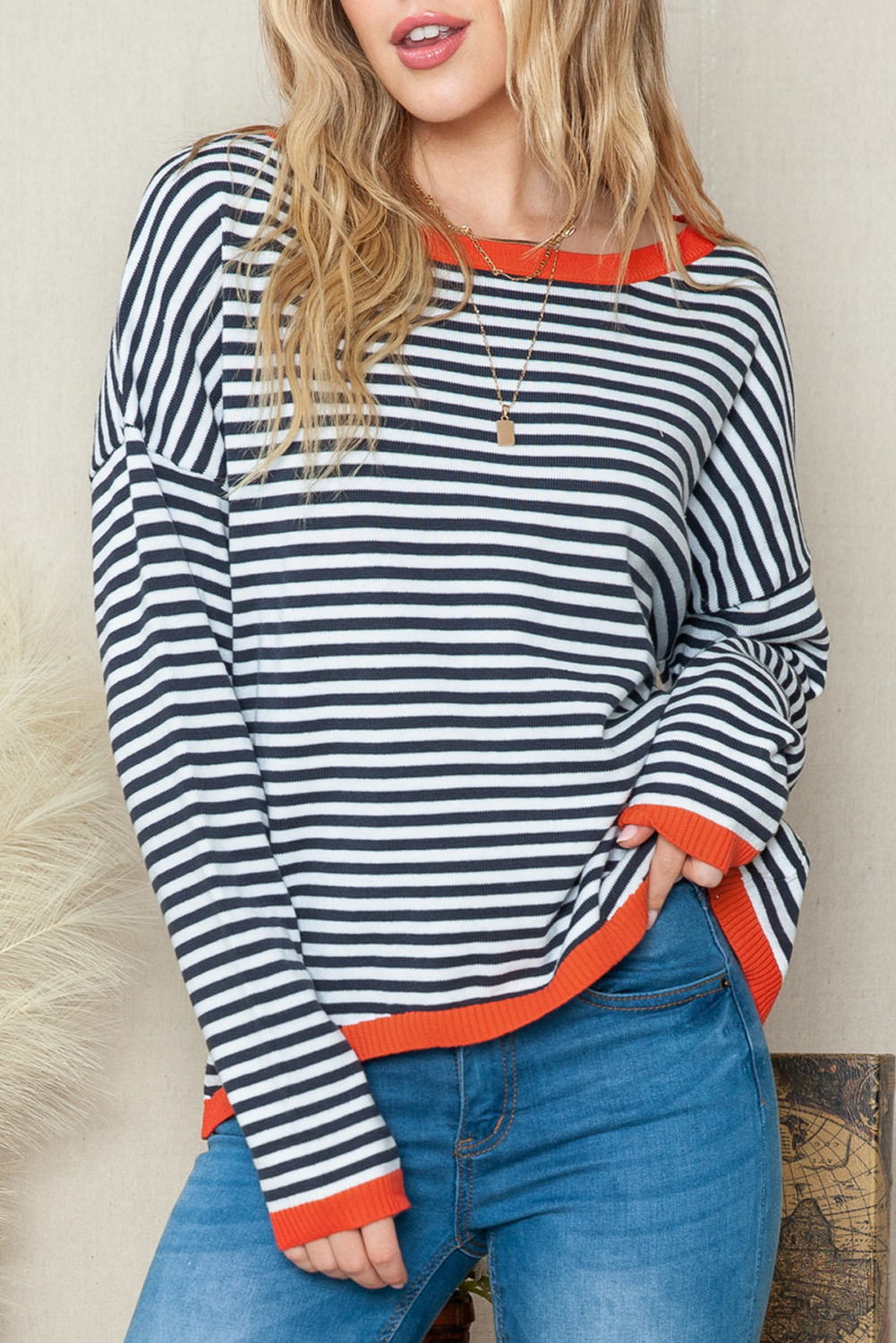 Striped Colorblock Trim Knit Pullover Sweater | Shewin