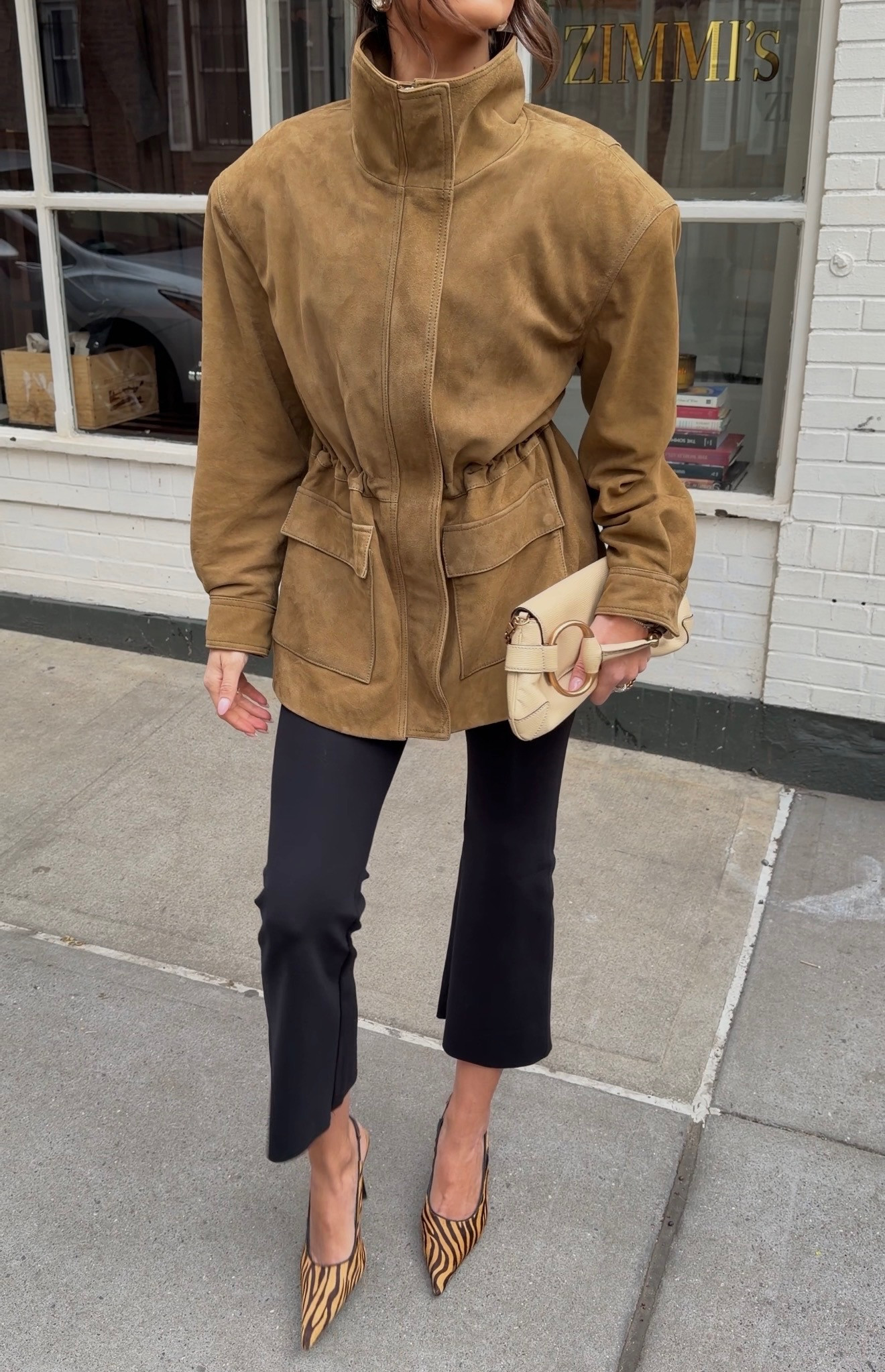 Black flare capri pants, paired with this Susana Chow suede jacket (also available in leather) and finished with pony hair tiger leather heels 🤎 daily outfit 
 

#LTKootd #LTKSeasonal #LTKgrwm