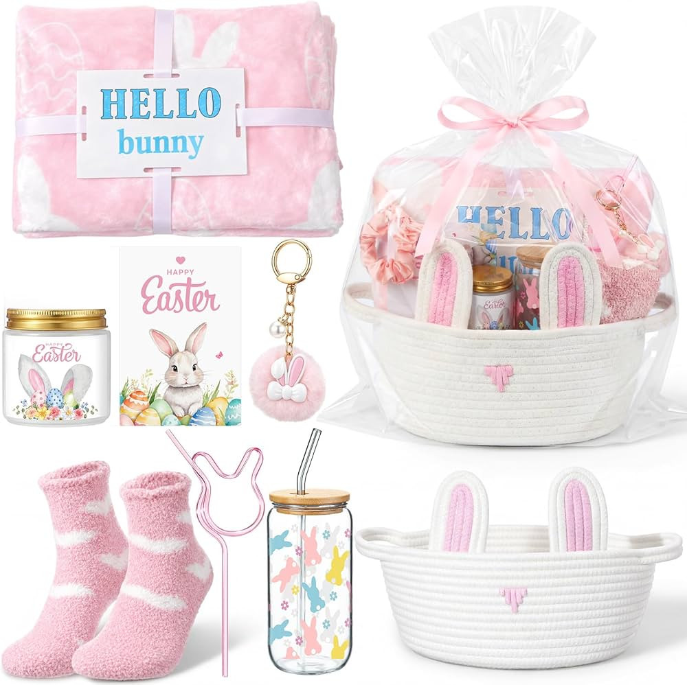 Remerry 9 Pieces Easter Gifts Set Pink Basket Gifts Bunny Eggs Throw Blanket 16oz Tumbler Scented... | Amazon (US)
