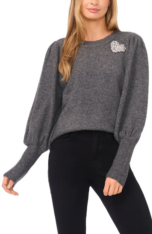 CeCe Faux Pearl Heart Embellished Crewneck Sweater in Medium Heather Grey at Nordstrom, Size X-Large | Nordstrom