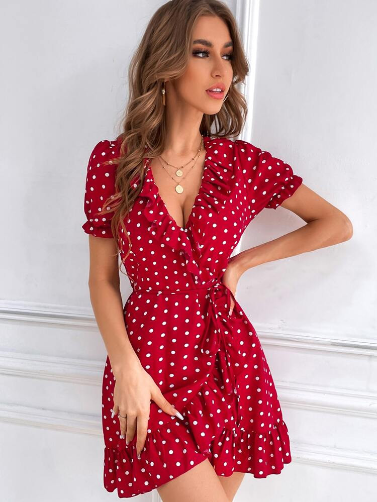 Polka Dot Print Belted Wrap Dress | SHEIN
