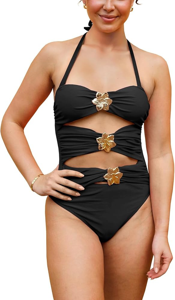 Women Cut Out One Piece Swimsuit Backless Halter Bathing Suit Flower Decoration Swimwear | Amazon (US)