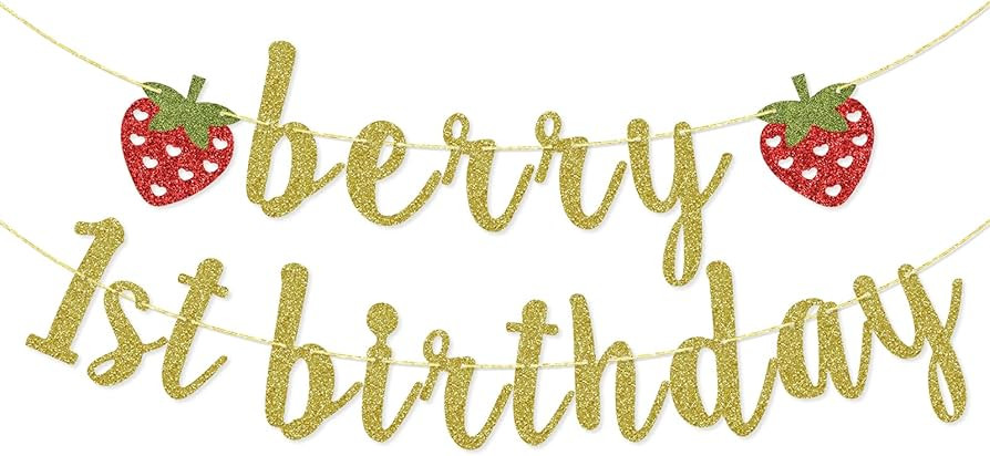 Berry First Birthday Banner, Glitter Strawberry Banner, 1st Birthday Decor (Gold) | Amazon (US)