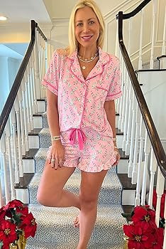 KevaMolly Womens Christmas Lounge Sets Candy Cane Print Pocketed Knotted PJ Set Short Sleeve Xmas... | Amazon (US)