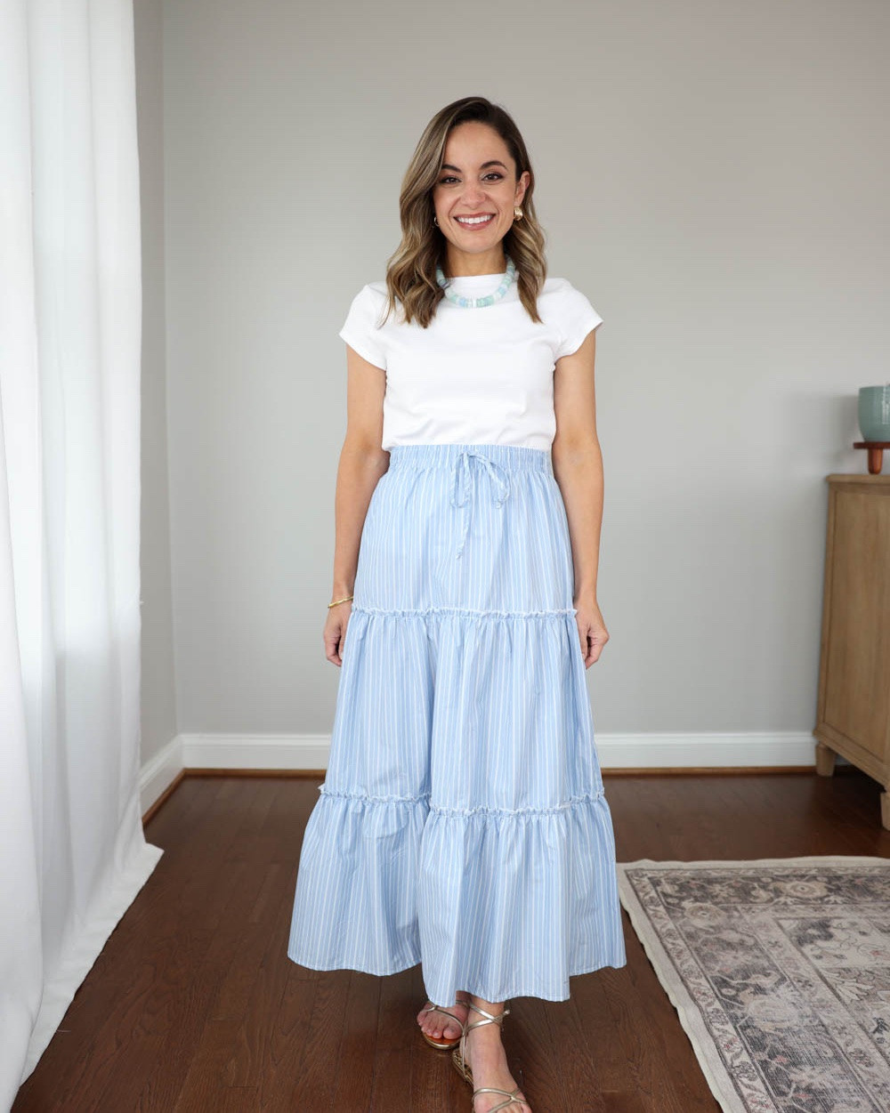 Petite-friendly tiered maxi skirts for Summer!

Outfit 1:
Blue striped skirt (Walmart): xs
White t-shirt (Walmart): xs
Gold sandals (Sam Edelman): tts

Outfit 2:
Yellow skirt (Quince): xs
White tank top (Quince): xs
Ballet flats: tts

Outfit 3:
Organic Cotton Gauze Smocked Maxi Skirt (Quince): XS in Blue Gingham
100% European Linen Fitted Tank (Quince): XS in white
Gold sandals (Sam Edelman): tts

My measurements for reference: I’m 4’10” and 105lbs. My bust, waist, and hip measurement is 32”, 24”, and 36”.

#LTKootd #LTKSeasonal #LTKPetite