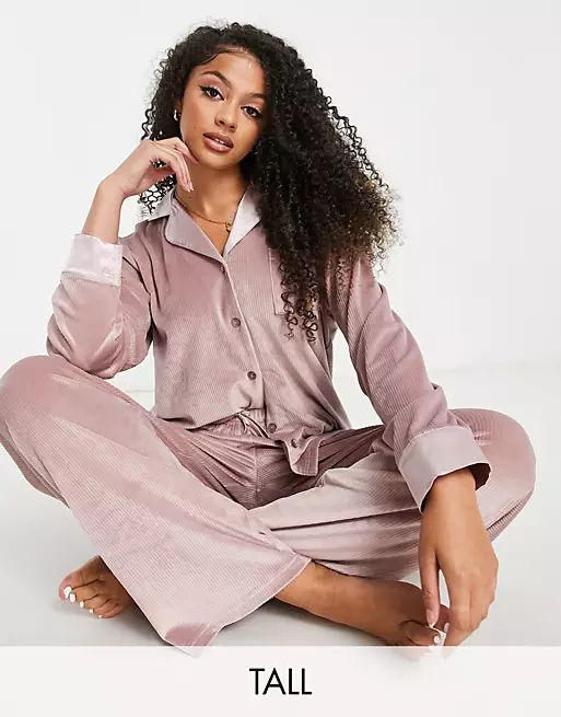 Loungeable Tall velour rib revere pajama set with satin trim in mink | ASOS (Global)