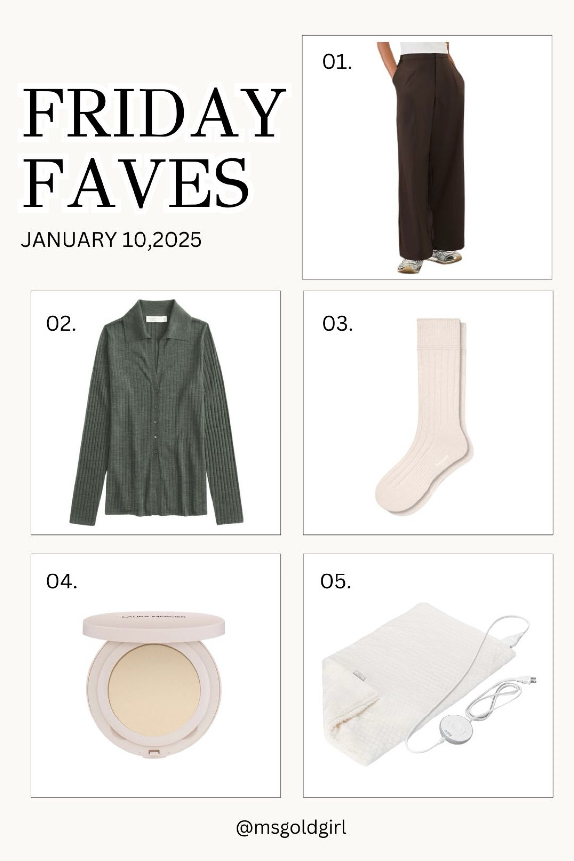 1. PINNACLE TROUSERS
I just got these in and they are the easiest way to break me out of always reaching for jeans. They look like dressier trousers but they're made out of a more athletic material so they're very comfortable to wear and come in LOTS of colors! I got an XS in the regular length so I can wear them with heels.

2. MERINO WOOL BLEND TOP
It's all about the natural fabrics that will keep me warm this week. You have to wear something under it since it doesn't button at the bottom, but it's thin enough that I can also layer a cardigan over it for extra warmth. I have it in an XS.

3. CASHMERE SOCKS
My feet are always cold in the winter, even when it's not that cold outside. These have been a godsend! I wash them on cold/delicate and lay them flat to dry. I love that they keep my feet warm but I don't perspire.

4. LAURA MERCIER PRESSED POWDER
I'm still in my glowy makeup phase but I do want to take down some shine, especially in front of the camera. This powder is purse friendly and it blurs fine lines and pores too!

5. HEATING PAD
Keeping with the “I'm always freezing” theme, I had to bring out the extra large heating pad this week. I can drape it over my lap or even around my shoulders while I'm working at my desk or watching tv on the couch at night.

#LTKStyleTip #LTKBeauty #LTKSeasonal