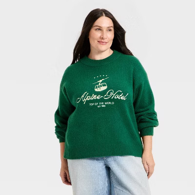 Women's Long Sleeve Cozy Alpine Crewneck Pullover Sweater - Universal Thread™ Dark Green 1X | Target