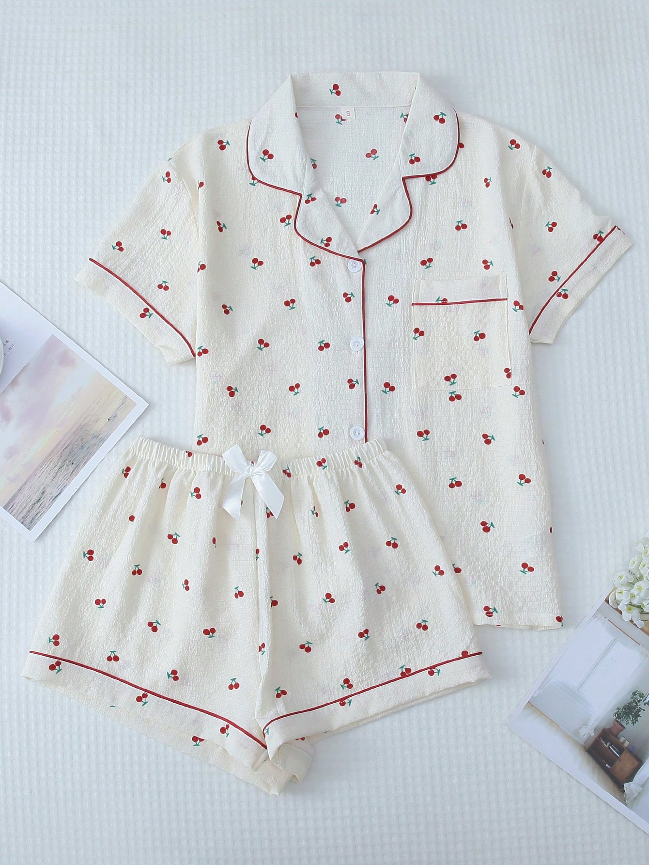 Cherry Printed Sweet Sleepwear Set With Lapel Button Up Top And Bowknot Shorts For Women | SHEIN