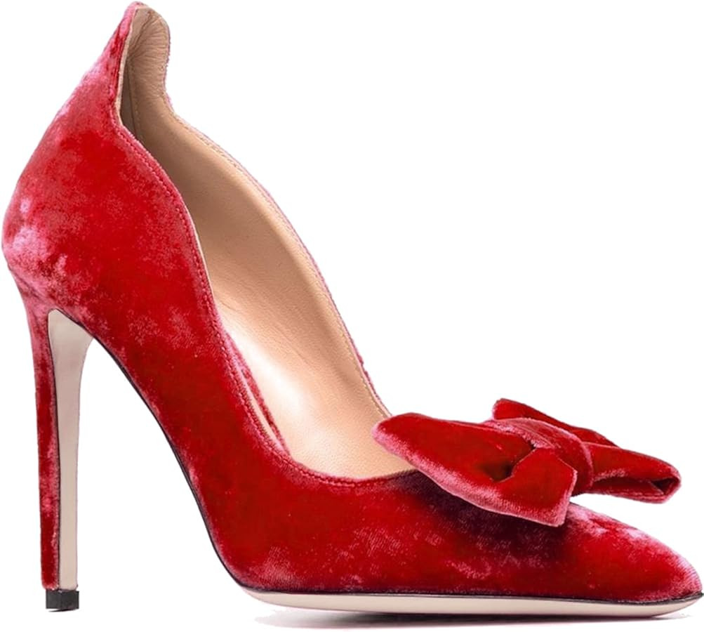 MOOMMO Women Velvet High Heels Pumps with Bows Sexy Pointed Toe Slip On Suede Pump 4 Inch Stilett... | Amazon (US)