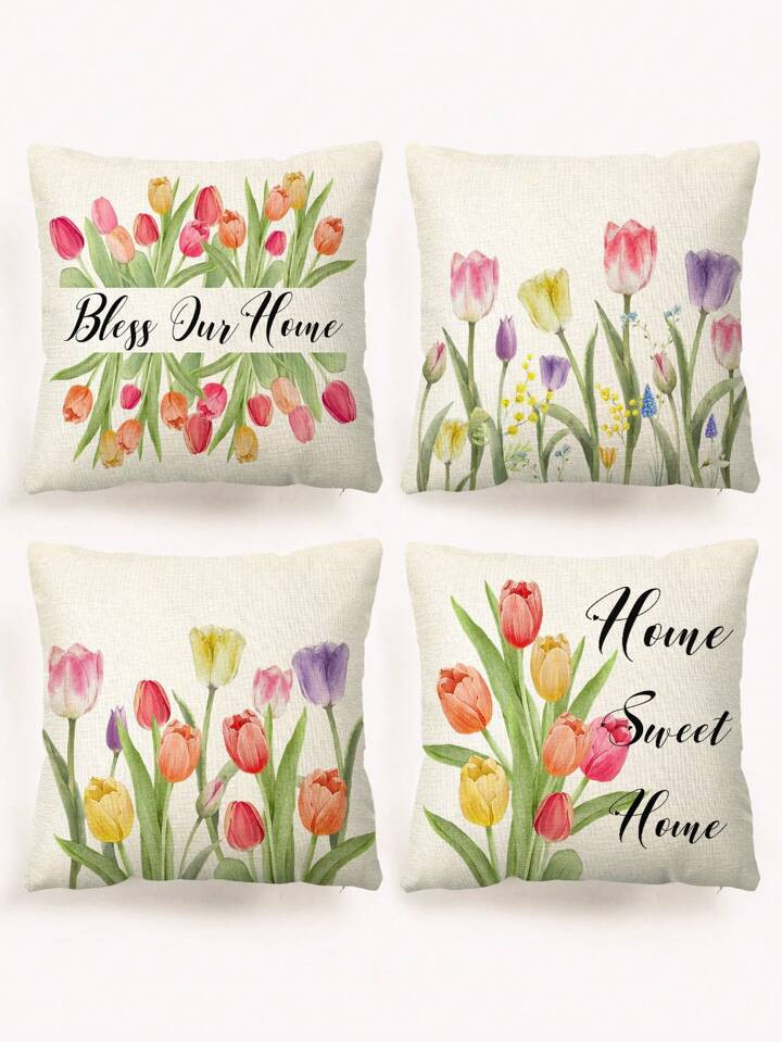 4pcs Beautifully Hand Painted Watercolor Tulip Flower & Letter Pattern Pillow Covers Without Fill... | SHEIN