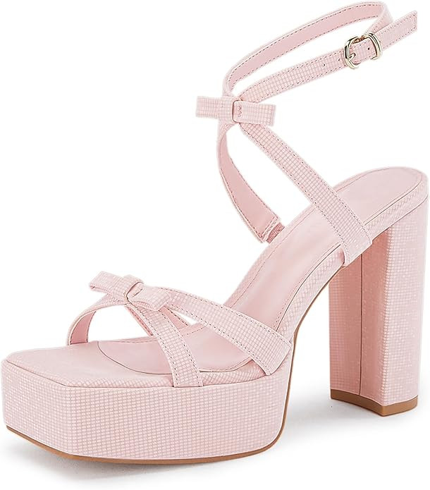 Coutgo Womens Platform Strappy Heels Square Open Toe Bowknot Chunky High Heel Ankle Strap Sexy Pa... | Amazon (US)