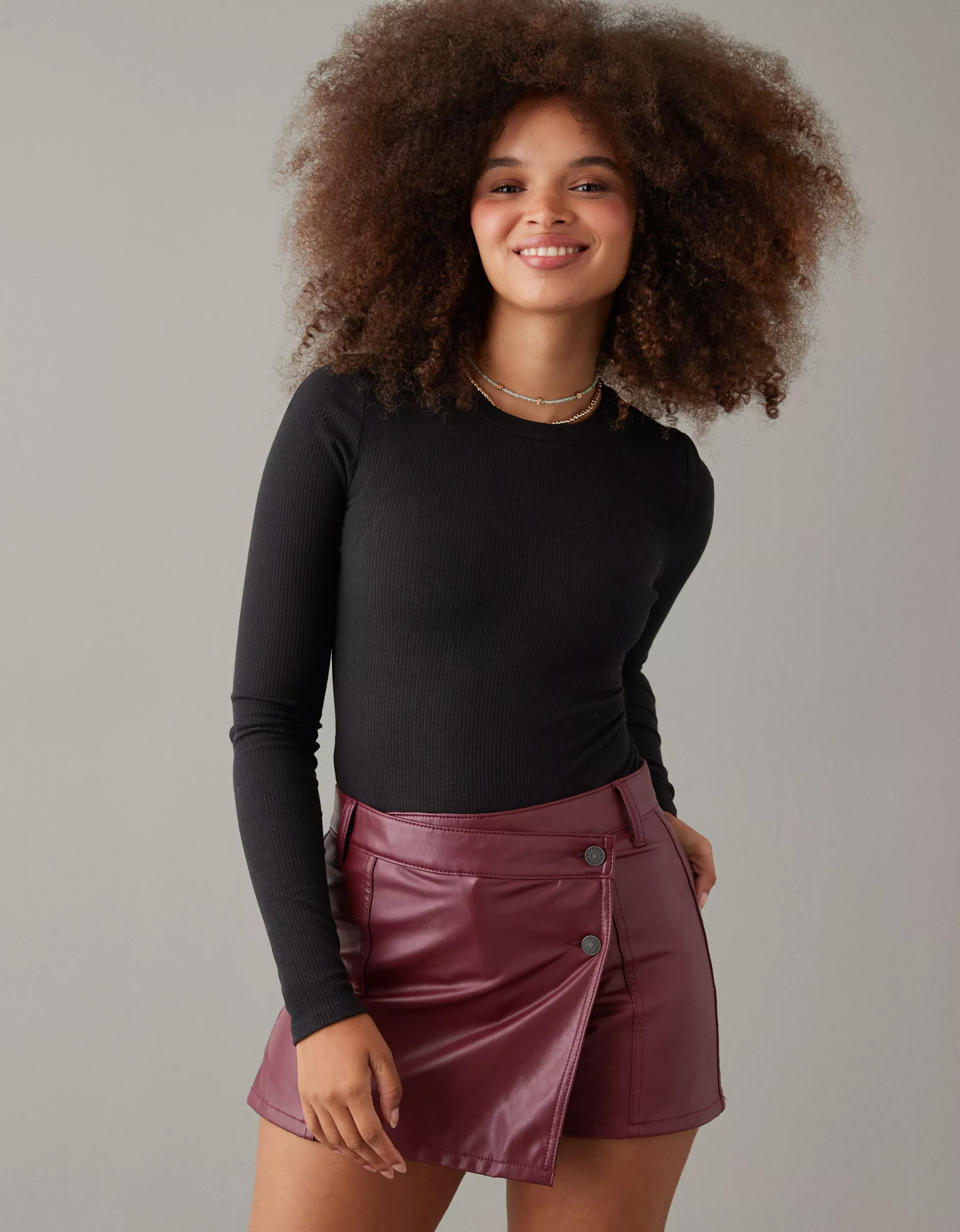 AE High-Waisted Vegan Leather Mini Skort | American Eagle Outfitters (US & CA)