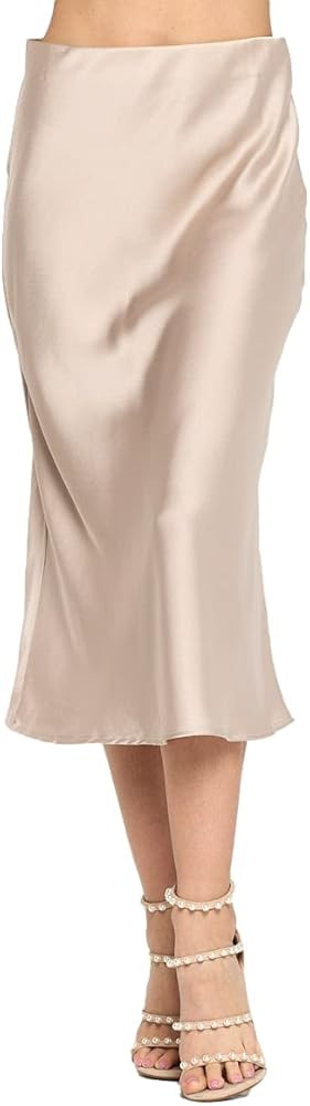 Women Solid High Waist Silky Casual Elastic Satin Midi Skirt - Made in USA | Amazon (US)