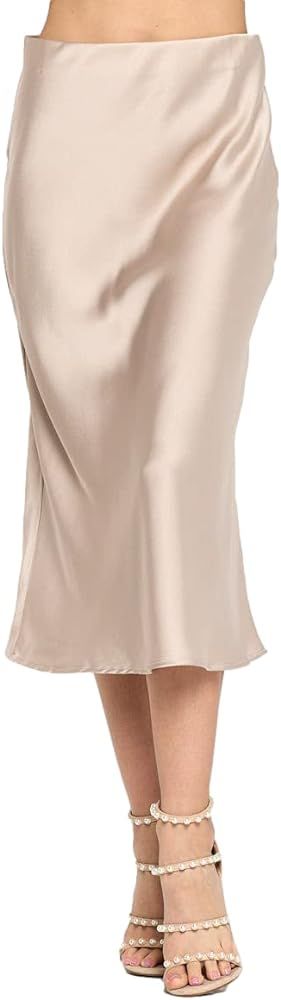 Women Solid High Waist Silky Casual Elastic Satin Midi Skirt - Made in USA | Amazon (US)