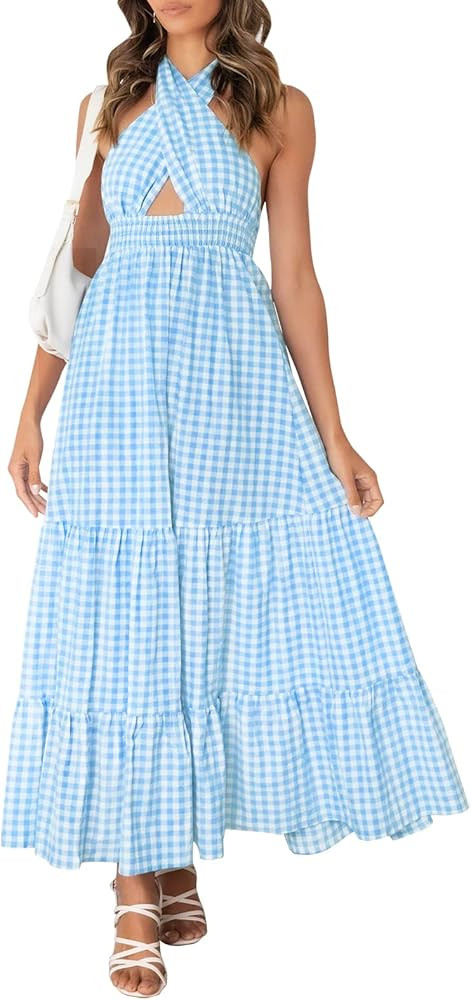 ZESICA Women's 2024 Summer Crossover Halter Neck Sleeveless Plaid Cut Out Backless Flowy A Line M... | Amazon (US)