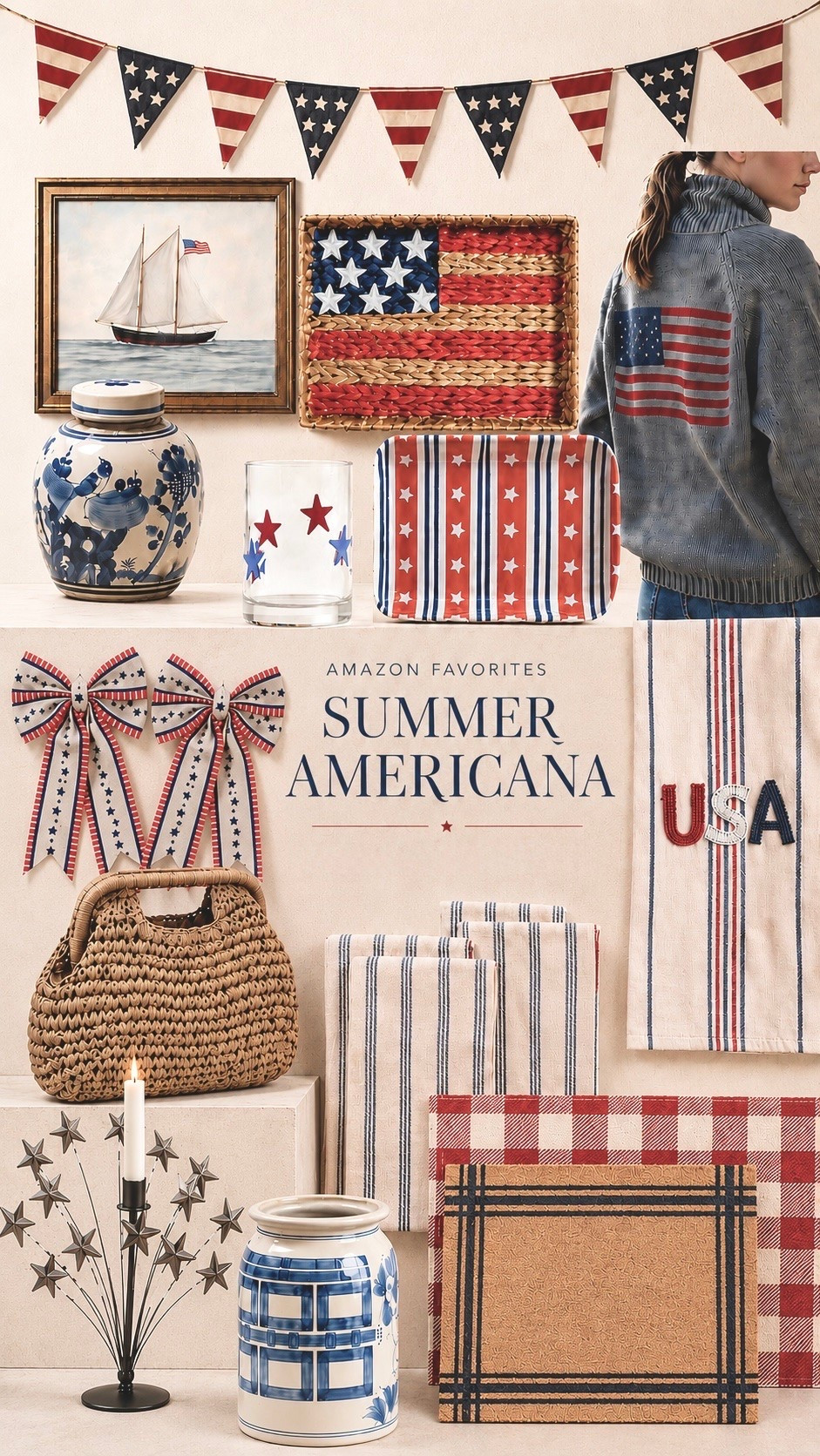 We found so many good Amazon Memorial Day + Fourth of July finds 🤍🇺🇸 We are loving the Americana summer era… it feels like this classic coastal patriotic style is everywhere right now. From the woven textures to the vintage-inspired red, white, and blue touches, these pieces make your home feel festive. So many cute finds for summer hosting, porches, kitchens, and cozy Americana decor this season.

#LTKmomlife #LTKSeasonal